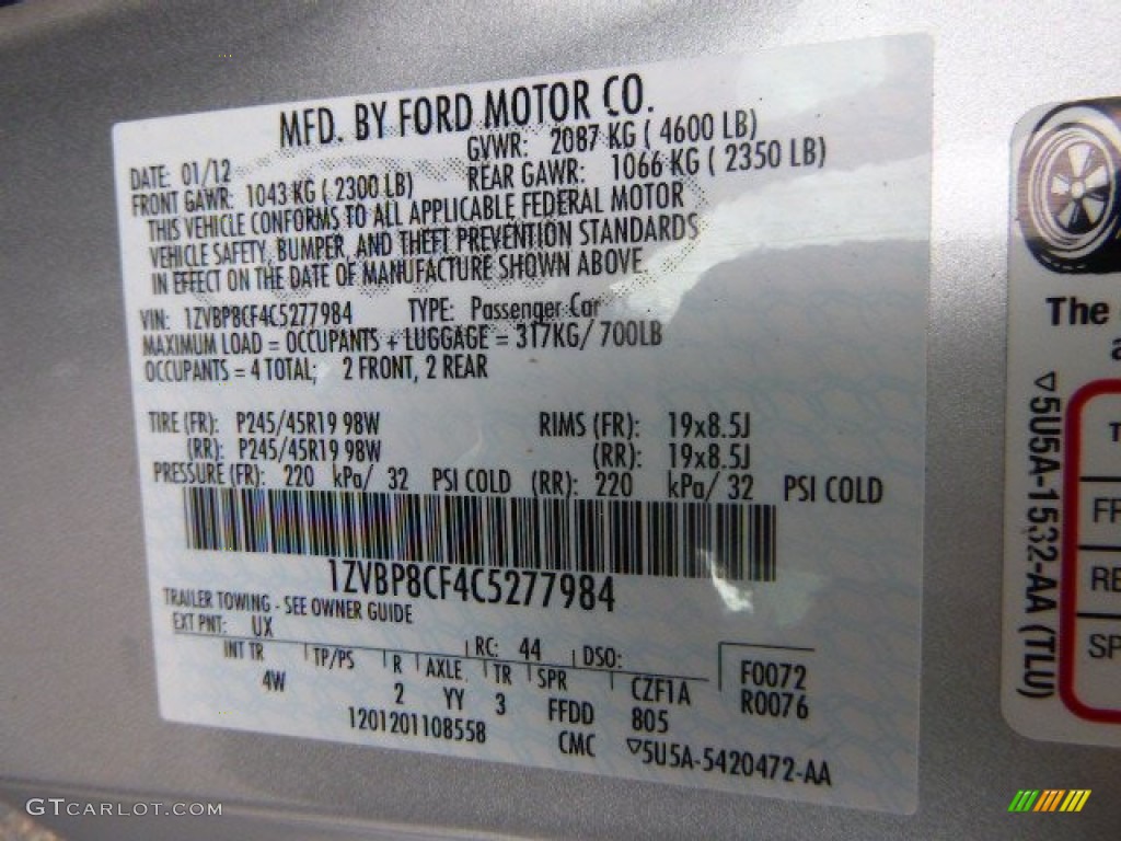 2012 Mustang Color Code UX for Ingot Silver Metallic Photo #87761556
