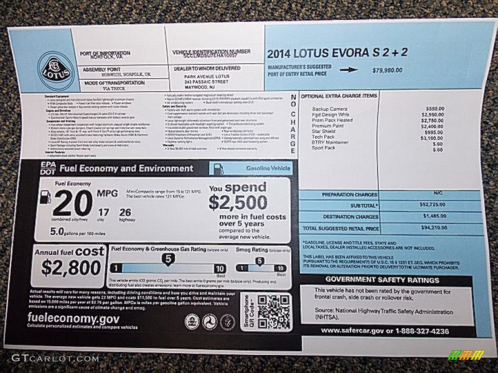 2014 Lotus Evora S 2+2 Window Sticker Photo #87766169