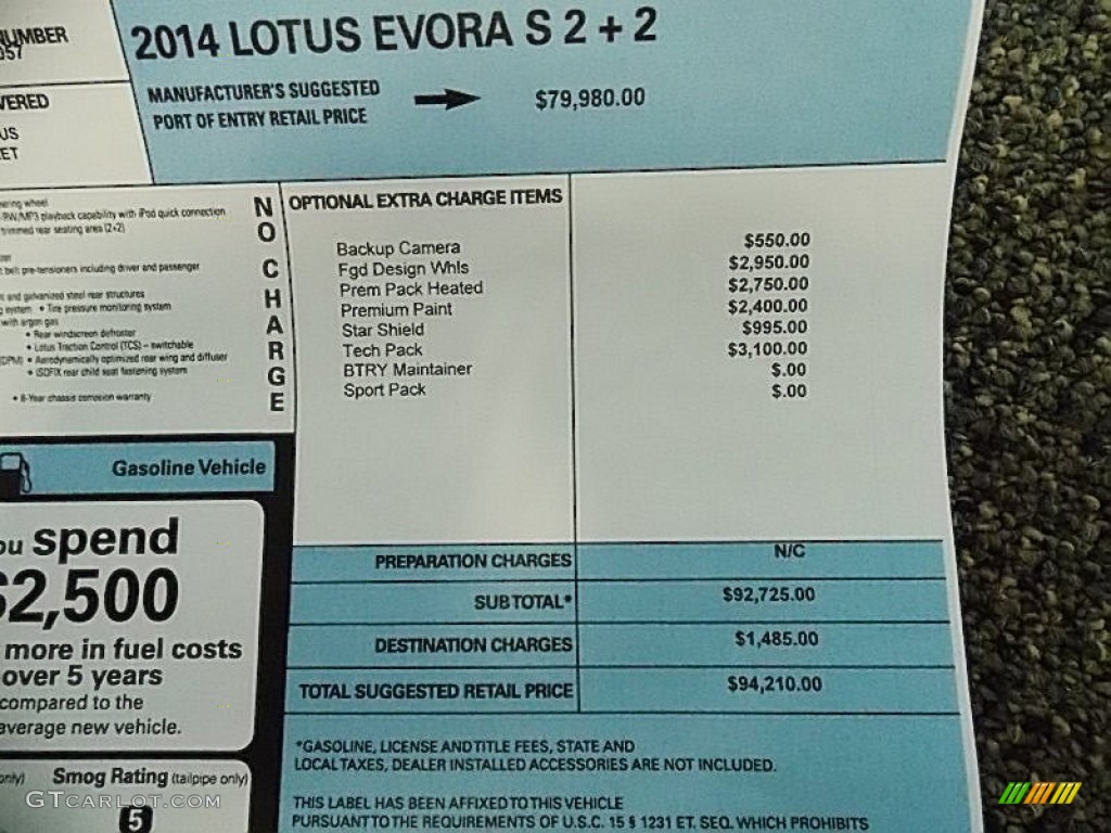 2014 Lotus Evora S 2+2 Window Sticker Photo #87766205
