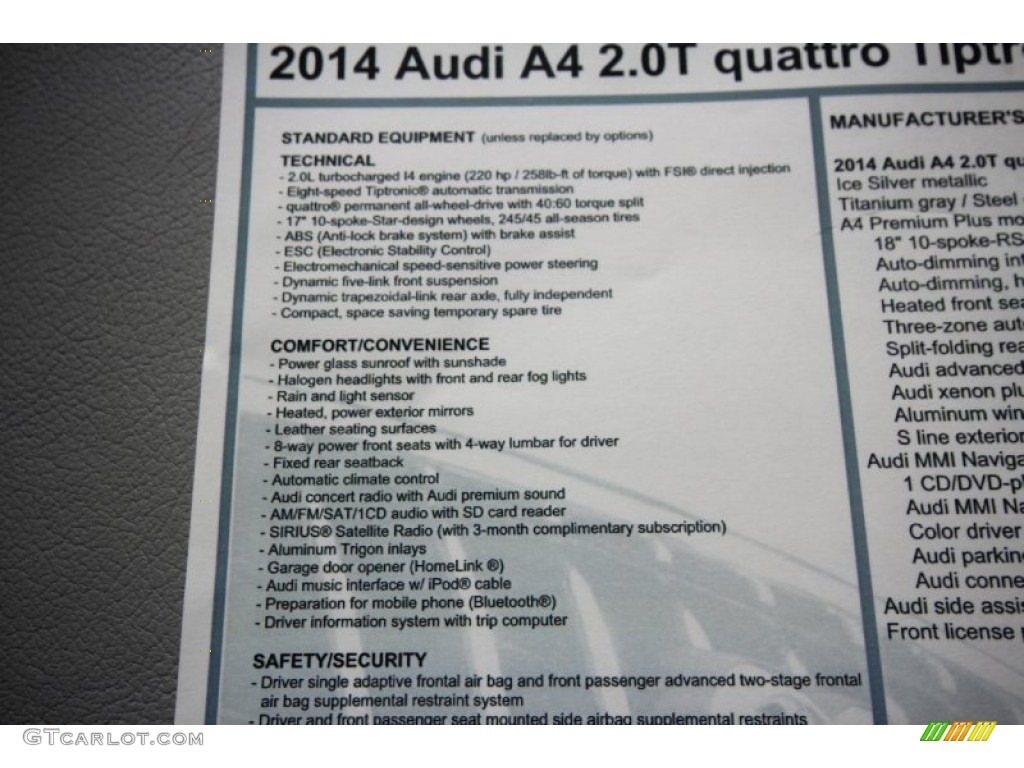 2014 A4 2.0T quattro Sedan - Ice Silver Metallic / Titanium Grey photo #34