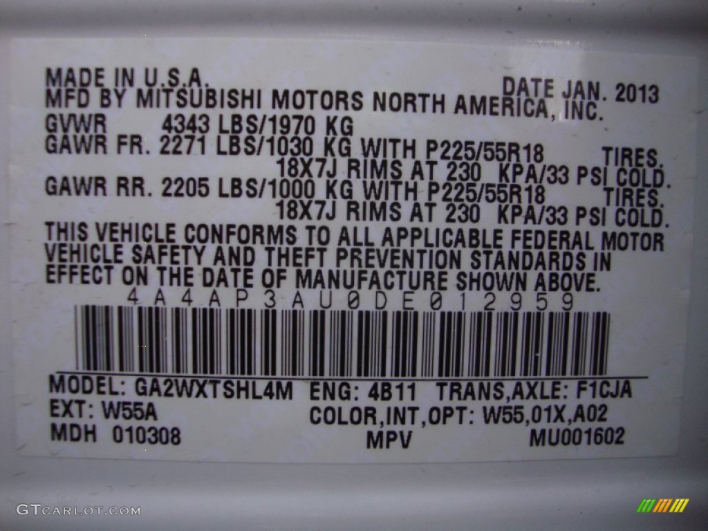 2013 Outlander Sport Color Code W55A for White Pearl Photo #87824744