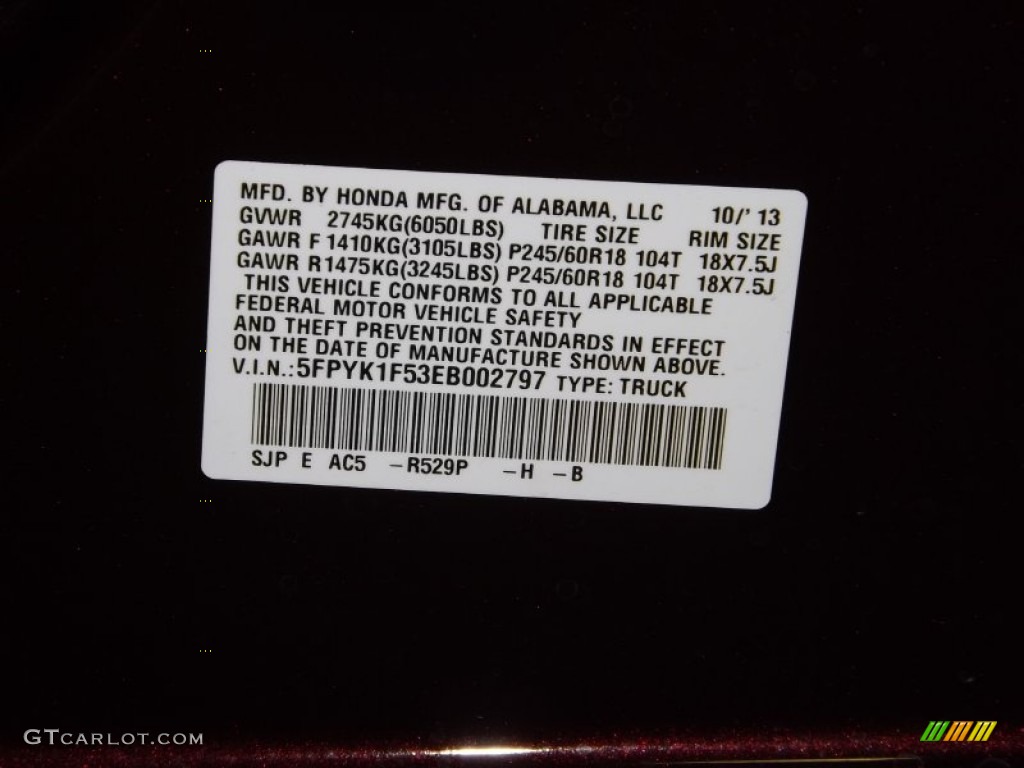 2014 Ridgeline Color Code R529P for Dark Cherry Pearl Photo #87843248