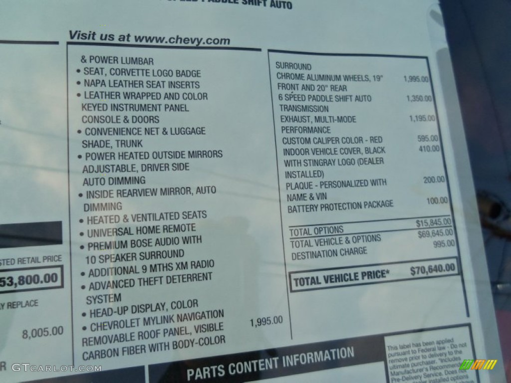 2014 Chevrolet Corvette Stingray Coupe Z51 Window Sticker Photo #87843946
