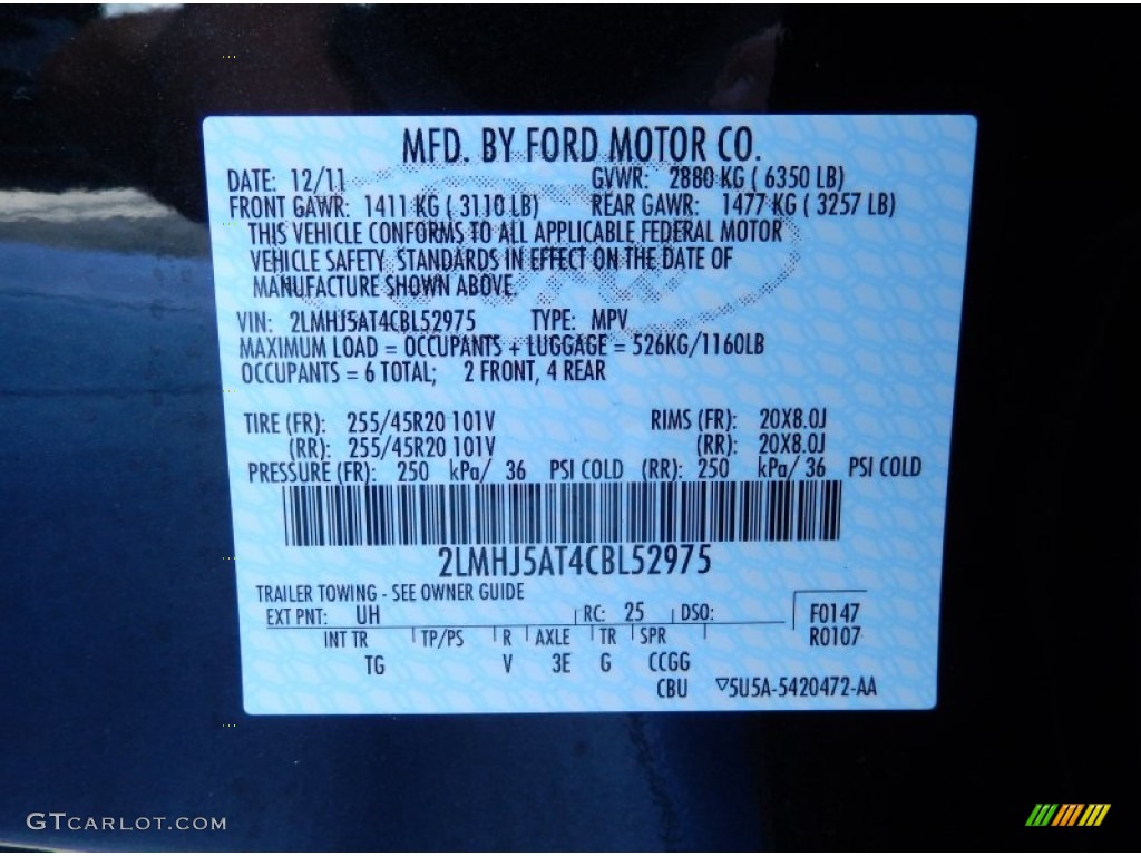 2012 Lincoln MKT EcoBoost AWD Color Code Photos
