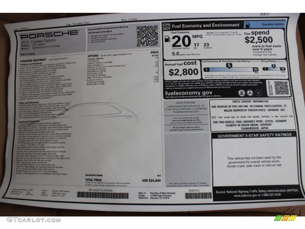 2014 Porsche Cayenne Standard Cayenne Model Window Sticker Photo #87906706