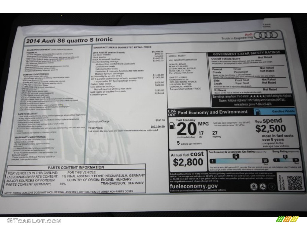 2014 Audi S6 Prestige quattro Sedan Window Sticker Photo #87940764