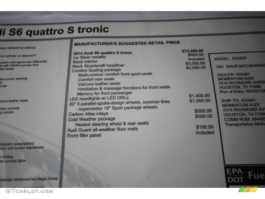 2014 Audi S6 Prestige quattro Sedan Window Sticker Photo #87940785