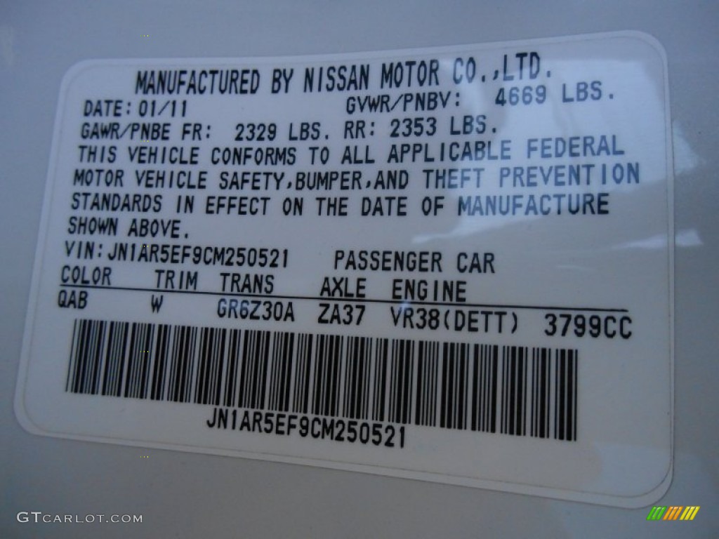 2012 GT-R Color Code QAB for Pearl White Photo #87969123