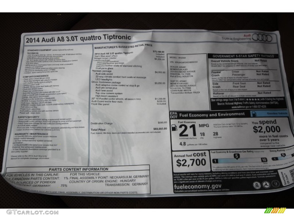 2014 Audi A8 3.0T quattro Window Sticker Photo #87975933