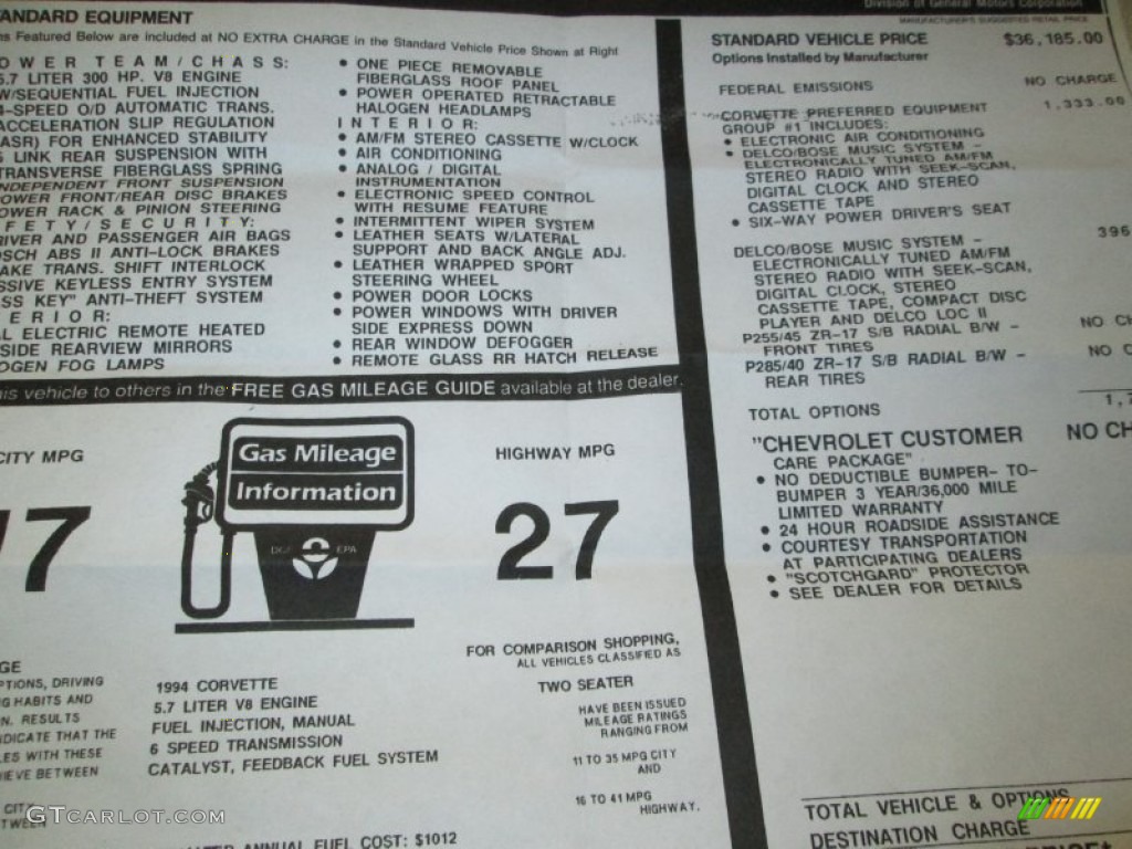 1994 Chevrolet Corvette Coupe Window Sticker Photo #87994401