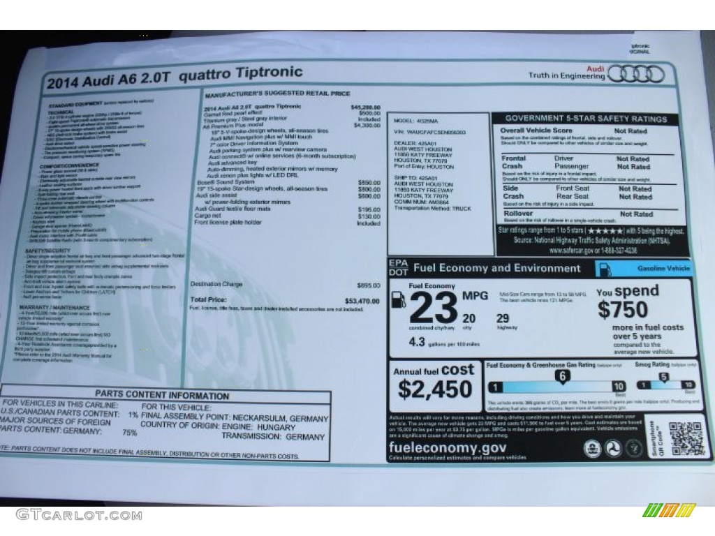 2014 Audi A6 2.0T quattro Sedan Window Sticker Photo #88035989