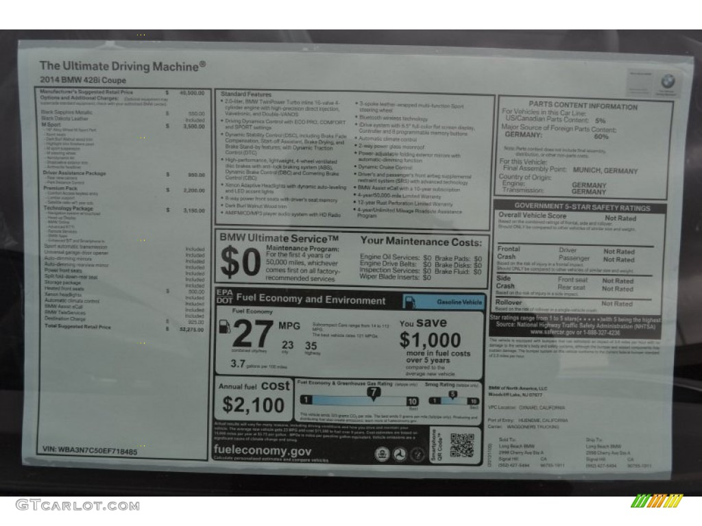 2014 BMW 4 Series 428i Coupe Window Sticker Photo #88085145