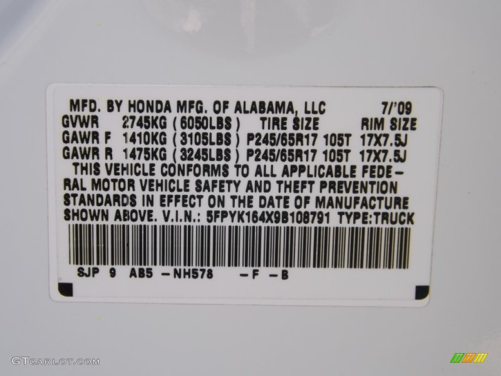 2009 Ridgeline Color Code NH578 for White Photo #88109793