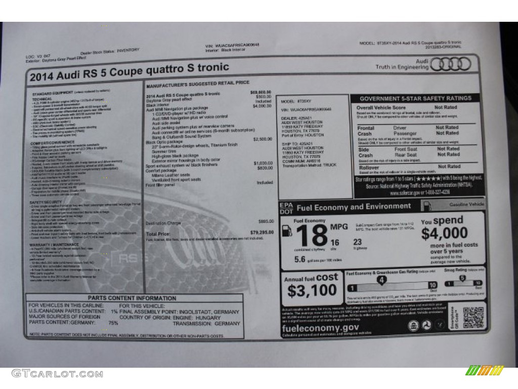 2014 Audi RS 5 Coupe quattro Window Sticker Photo #88117286