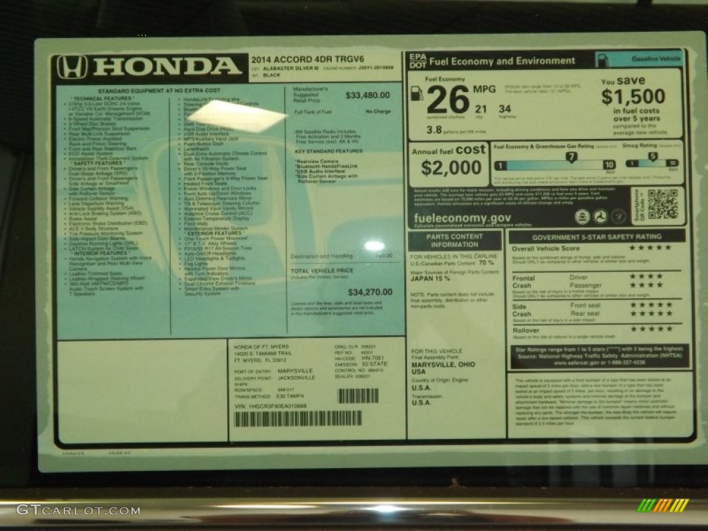 2014 Honda Accord Touring Sedan Window Sticker Photo #88121882