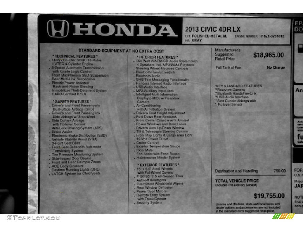 2013 Civic LX Sedan - Polished Metal Metallic / Gray photo #16