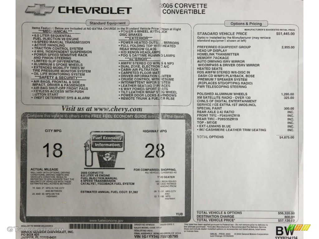 2005 Chevrolet Corvette Convertible Window Sticker Photos