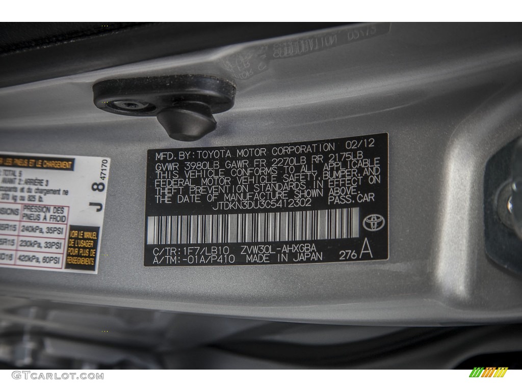 2012 Prius 3rd Gen Color Code 1F7 for Classic Silver Metallic Photo #88169481