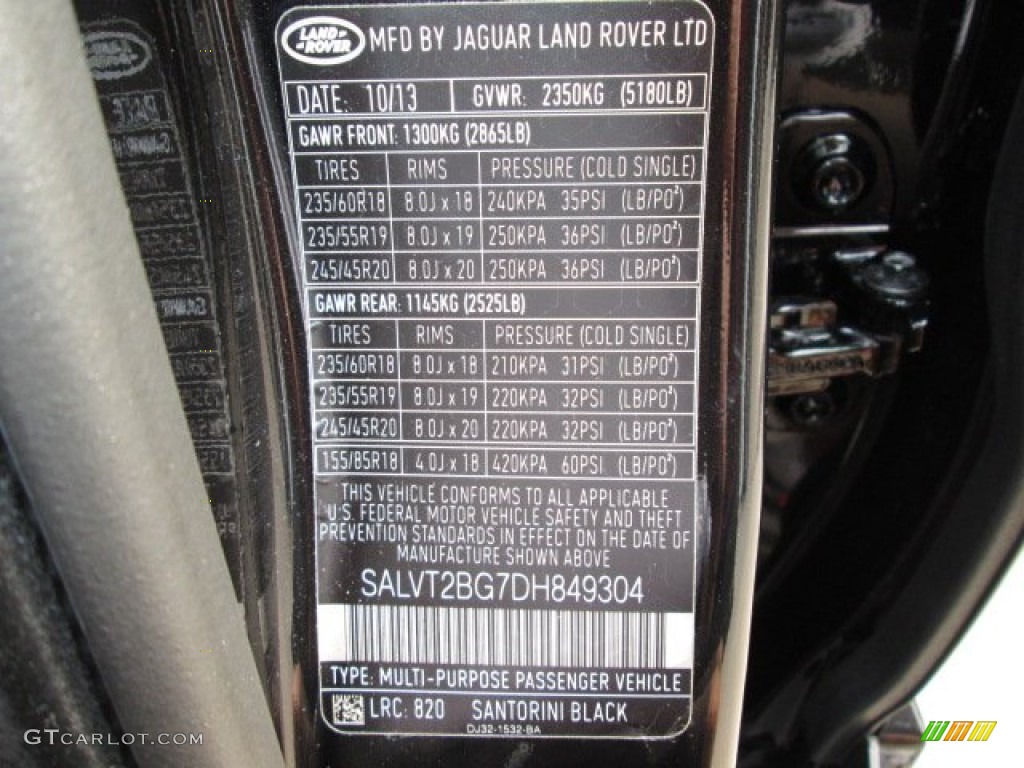 2013 Range Rover Evoque Color Code 820 for Santorini Black Metallic Photo #88211728
