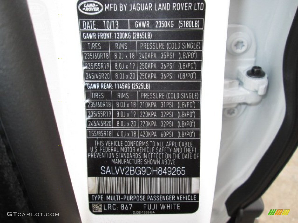 2013 Range Rover Evoque Color Code 867 for Fuji White Photo #88213206