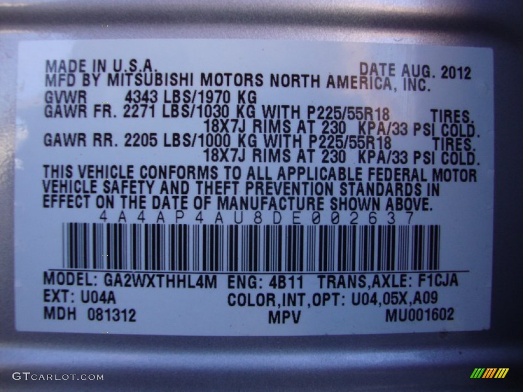 2013 Outlander Sport Color Code U04A for Quick Silver Metallic Photo #88259547