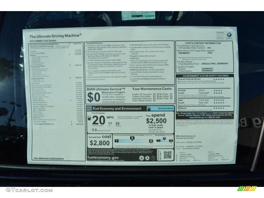 2014 BMW 5 Series 550i Sedan Window Sticker Photo #88281704
