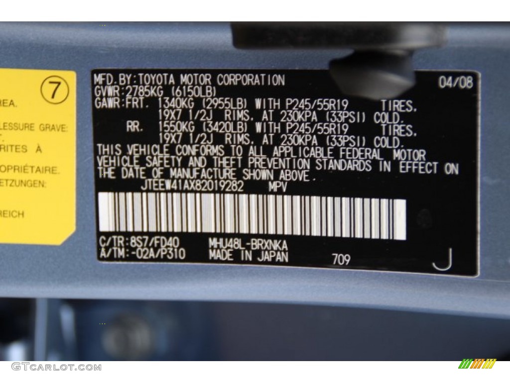 2008 Toyota Highlander Hybrid 4WD Color Code Photos