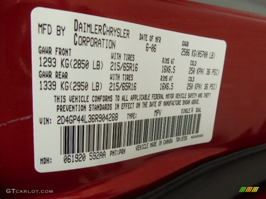 2006 Grand Caravan Color Code PRH for Inferno Red Crystal Pearl Photo #88305636