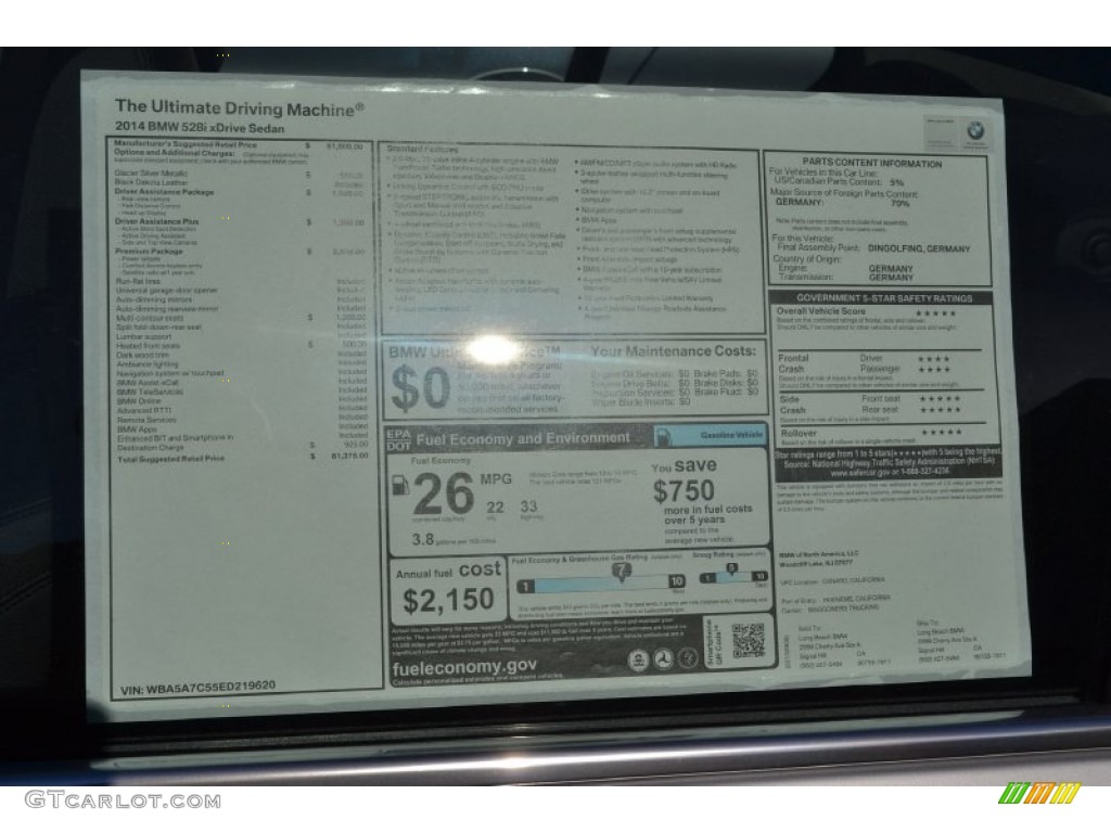 2014 BMW 5 Series 528i Sedan Window Sticker Photo #88326916