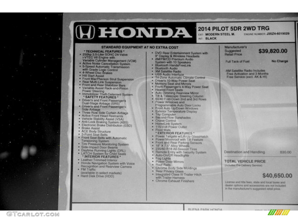 2014 Honda Pilot Touring Window Sticker Photo #88333972