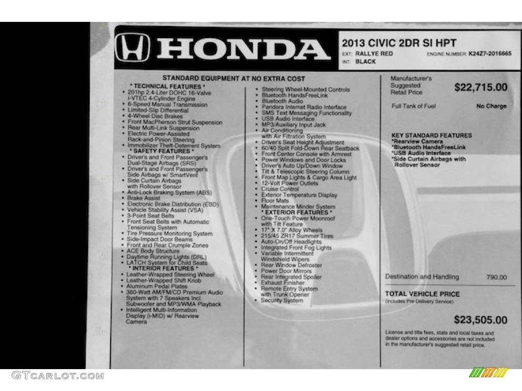 2013 Honda Civic Si Coupe Window Sticker Photo #88337254