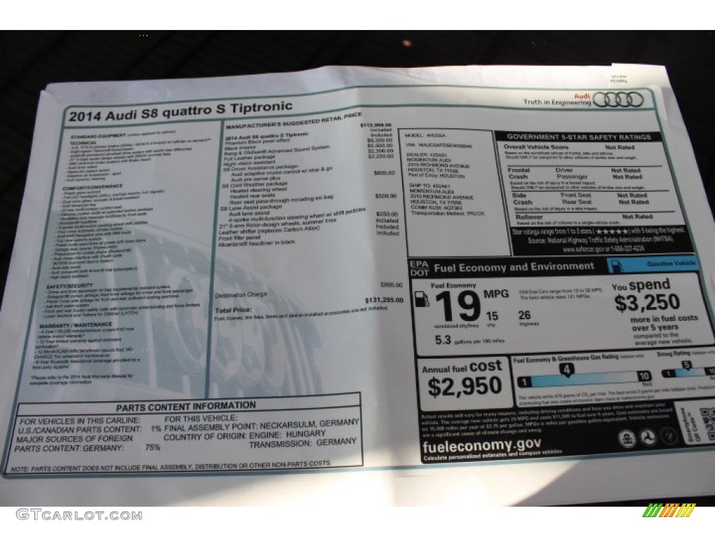 2014 Audi S8 quattro S Window Sticker Photo #88345927