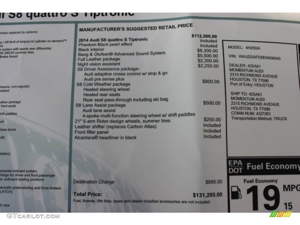 2014 Audi S8 quattro S Window Sticker Photo #88345936