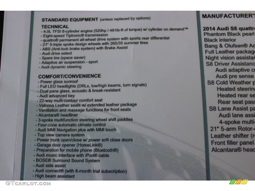 2014 Audi S8 quattro S Window Sticker Photo #88345945