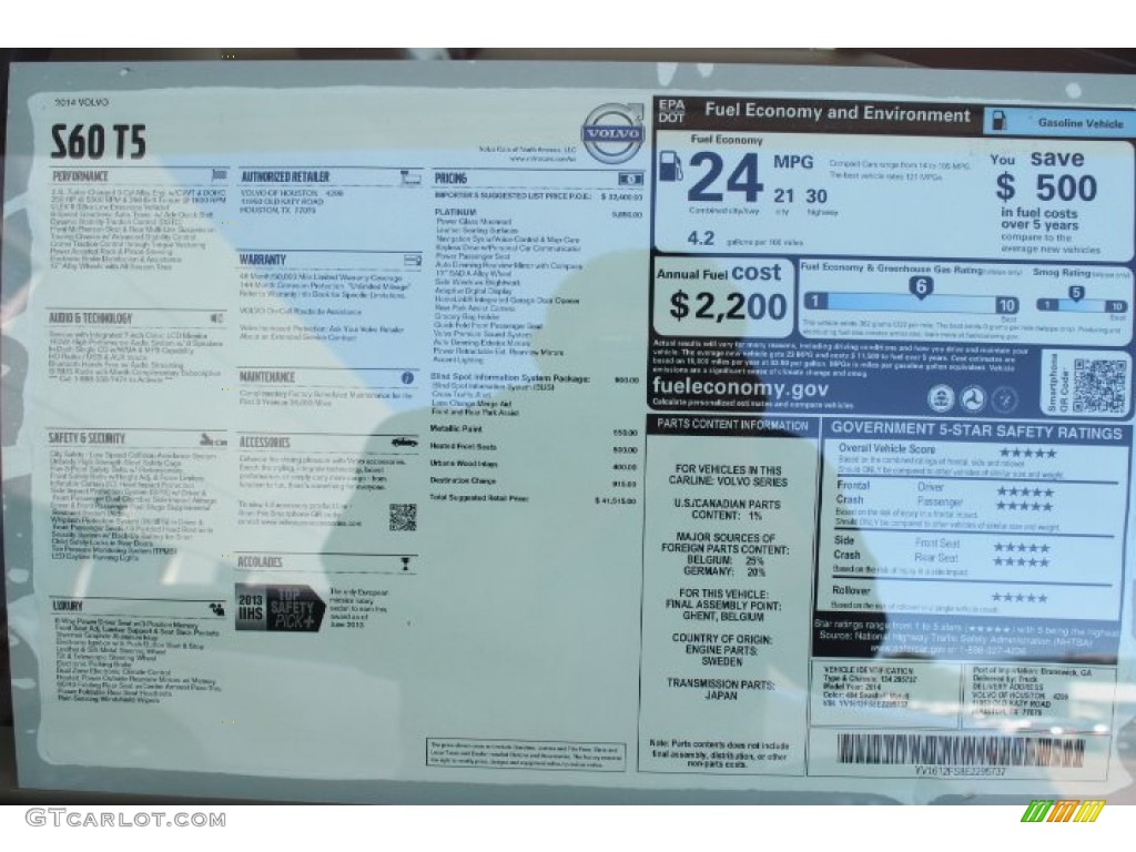 2014 Volvo S60 T5 Window Sticker Photo #88357223