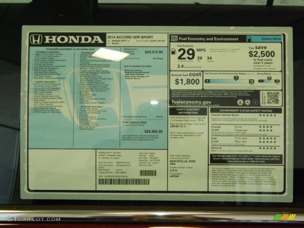 2014 Accord Sport Sedan - Basque Red Pearl II / Black photo #9