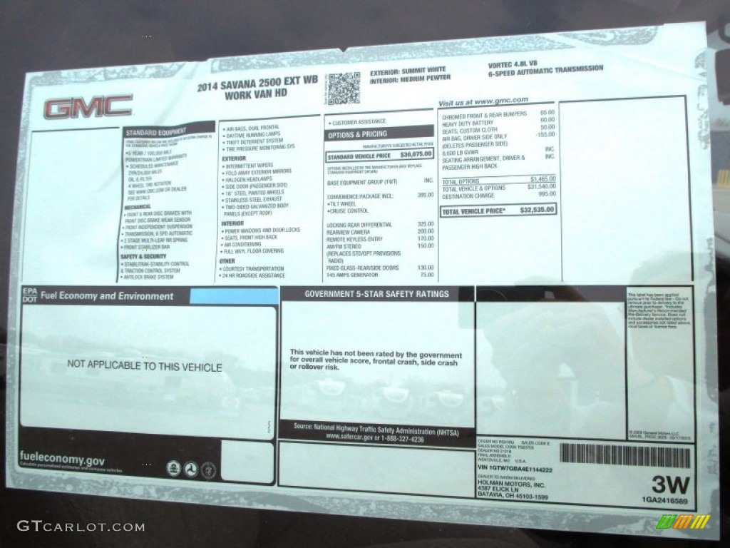 2014 GMC Savana Van 2500 Extended Cargo Window Sticker Photo #88418103