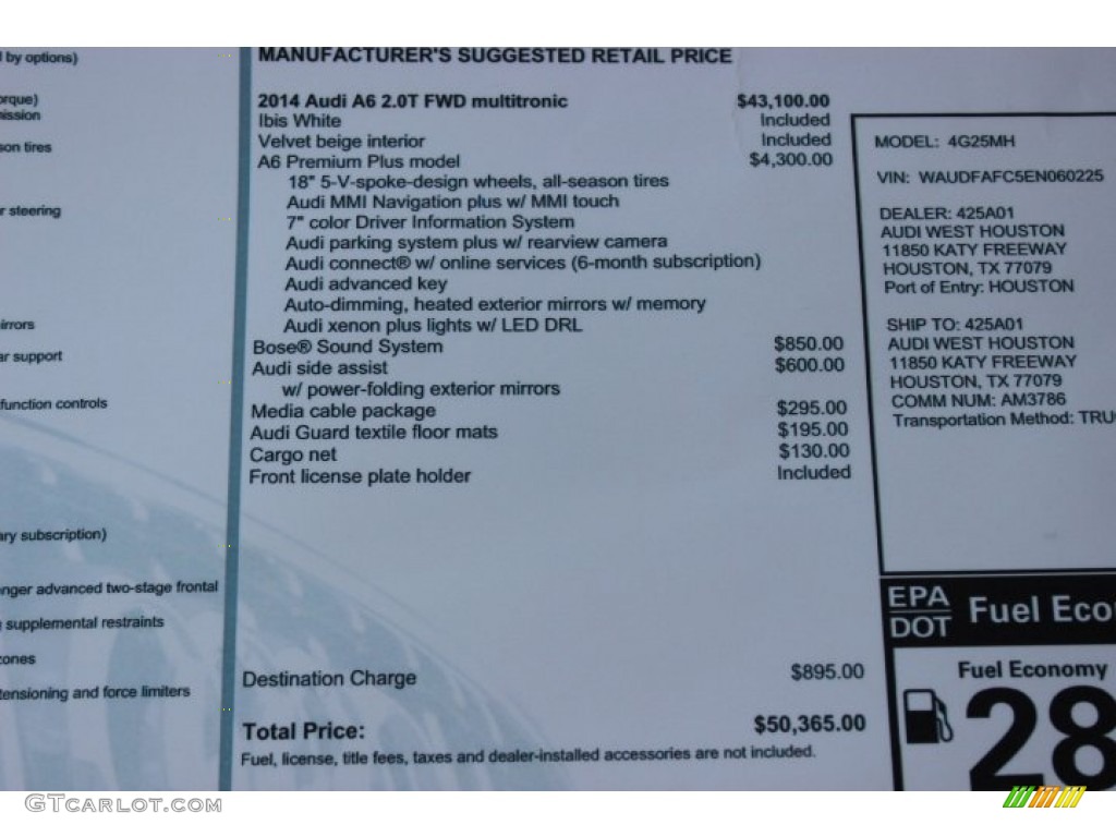 2014 Audi A6 2.0T Sedan Window Sticker Photo #88440297
