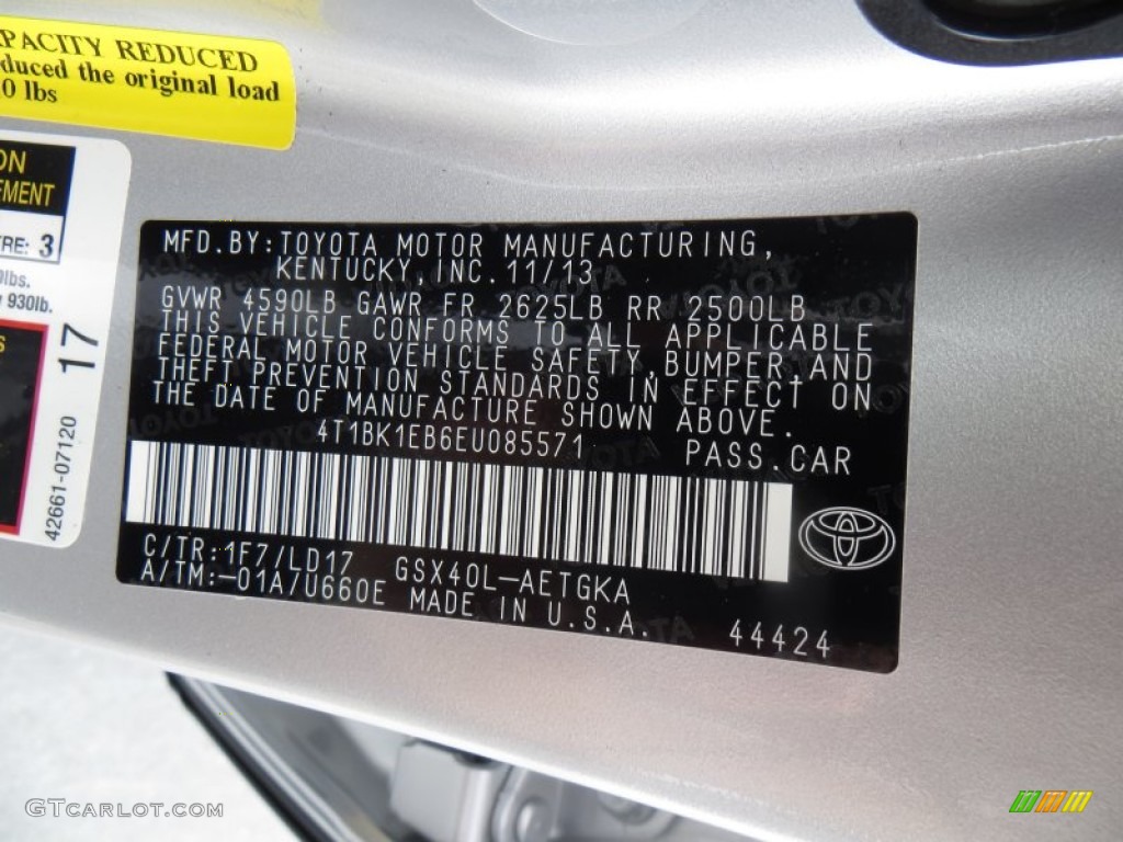 2014 Avalon Color Code 1F7 for Classic Silver Metallic Photo #88551716