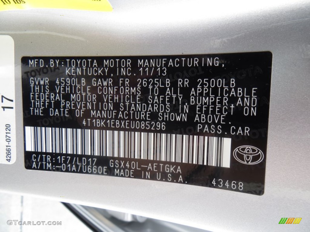 2014 Avalon Color Code 1F7 for Classic Silver Metallic Photo #88552559