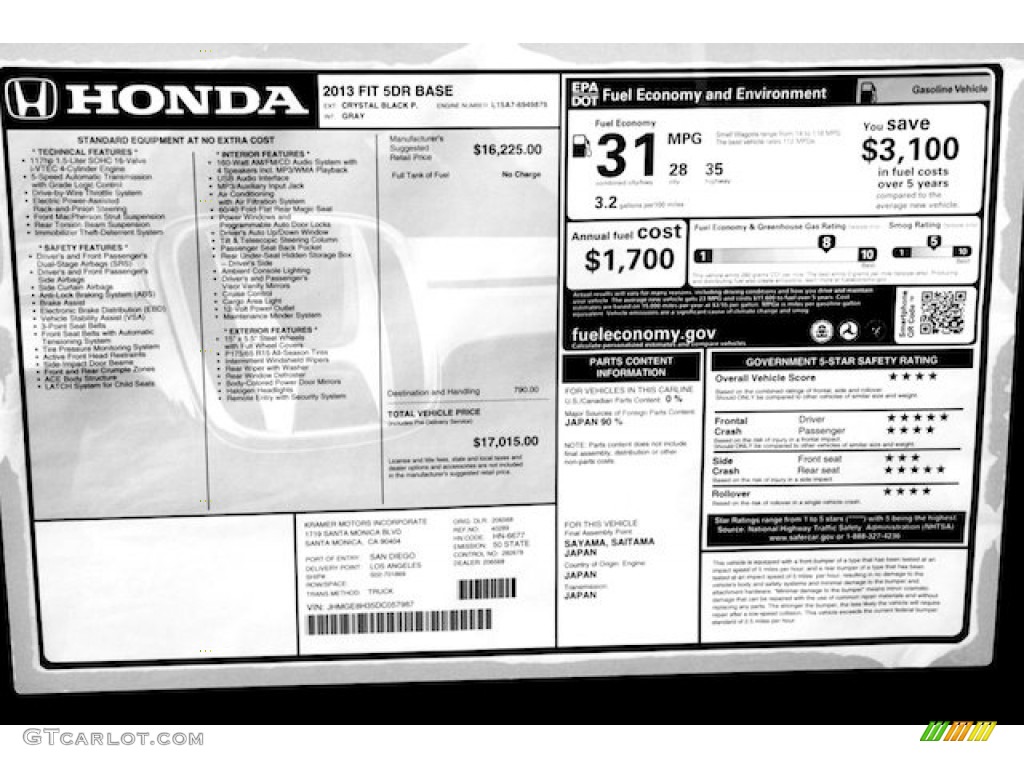 2013 Honda Fit Standard Fit Model Window Sticker Photo #88556396