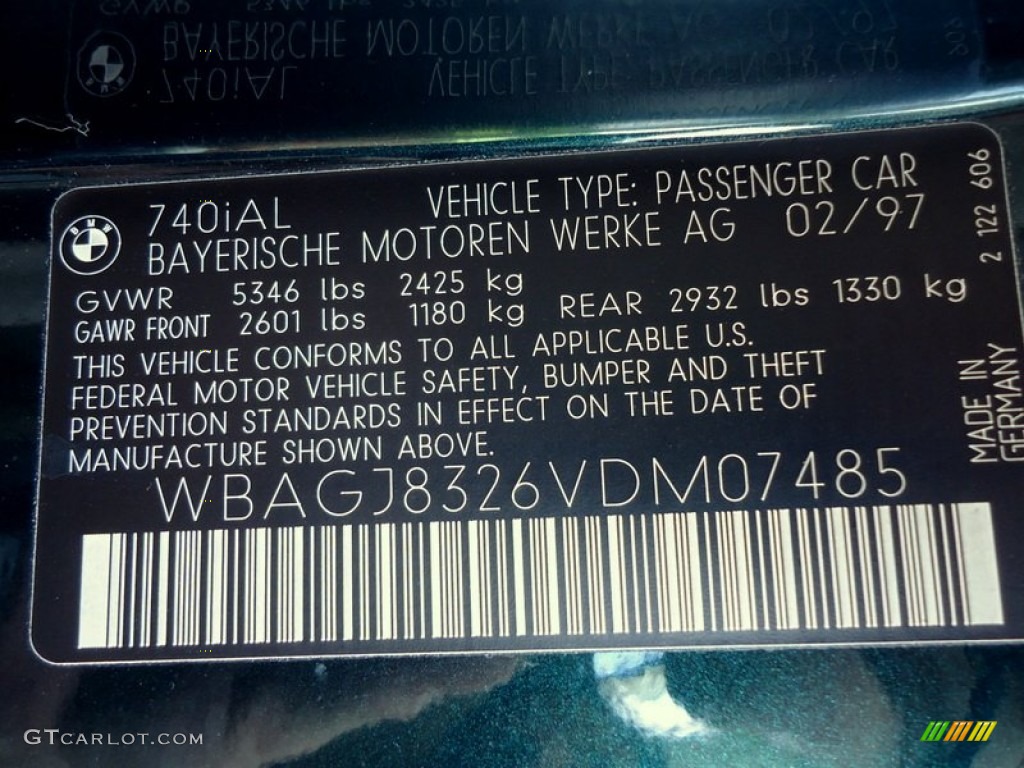 1997 BMW 7 Series 740iL Sedan Info Tag Photo #88601116