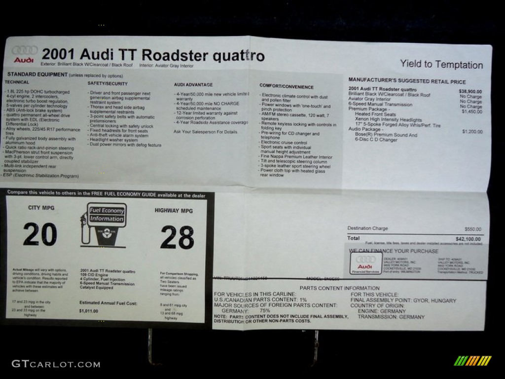 2001 Audi TT 1.8T quattro Roadster Window Sticker Photo #88617709