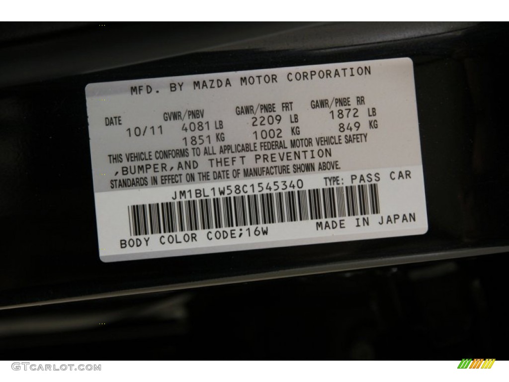2012 MAZDA3 Color Code 16W for Black Mica Photo #88681542