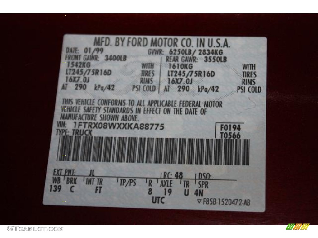 1999 F150 Color Code JL for Dark Toreador Red Metallic Photo #88690962