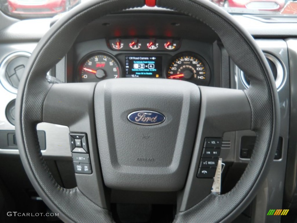 2014 Ford F150 SVT Raptor SuperCrew 4x4 Raptor Special Edition Black/Brick Accent Steering Wheel Photo #88691955