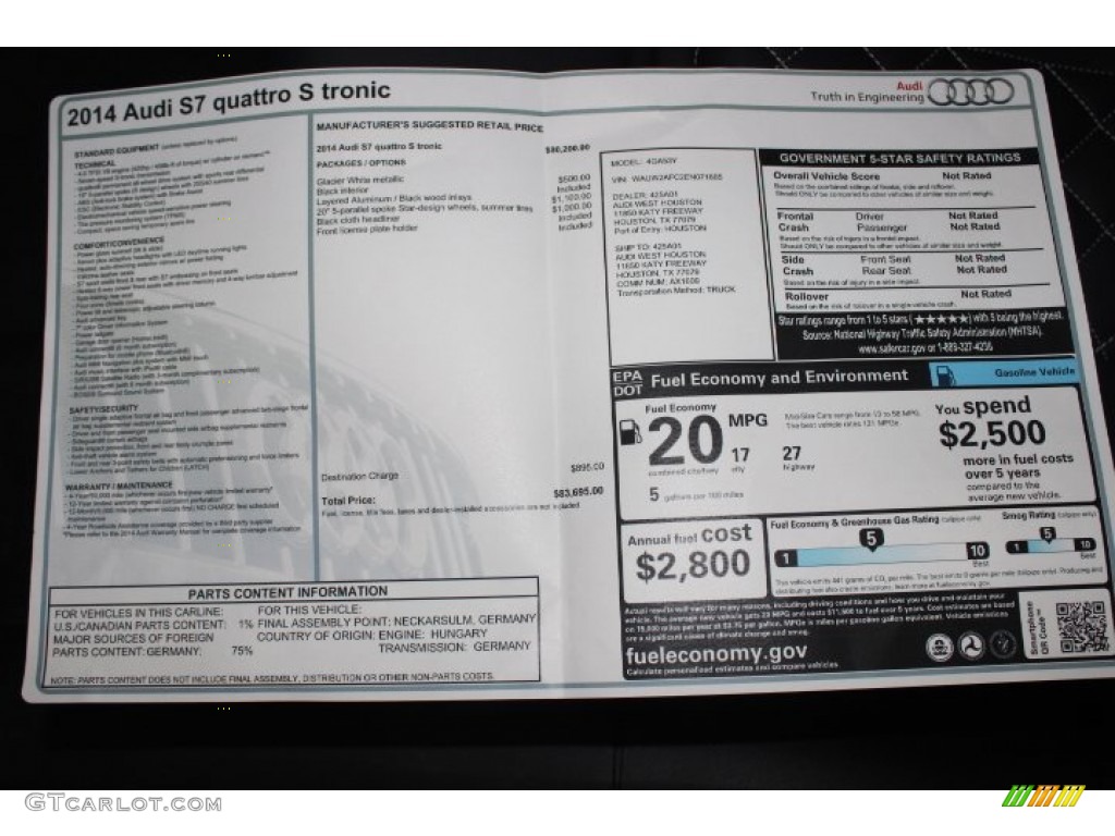 2014 Audi S7 Prestige 4.0 TFSI quattro Window Sticker Photo #88722697