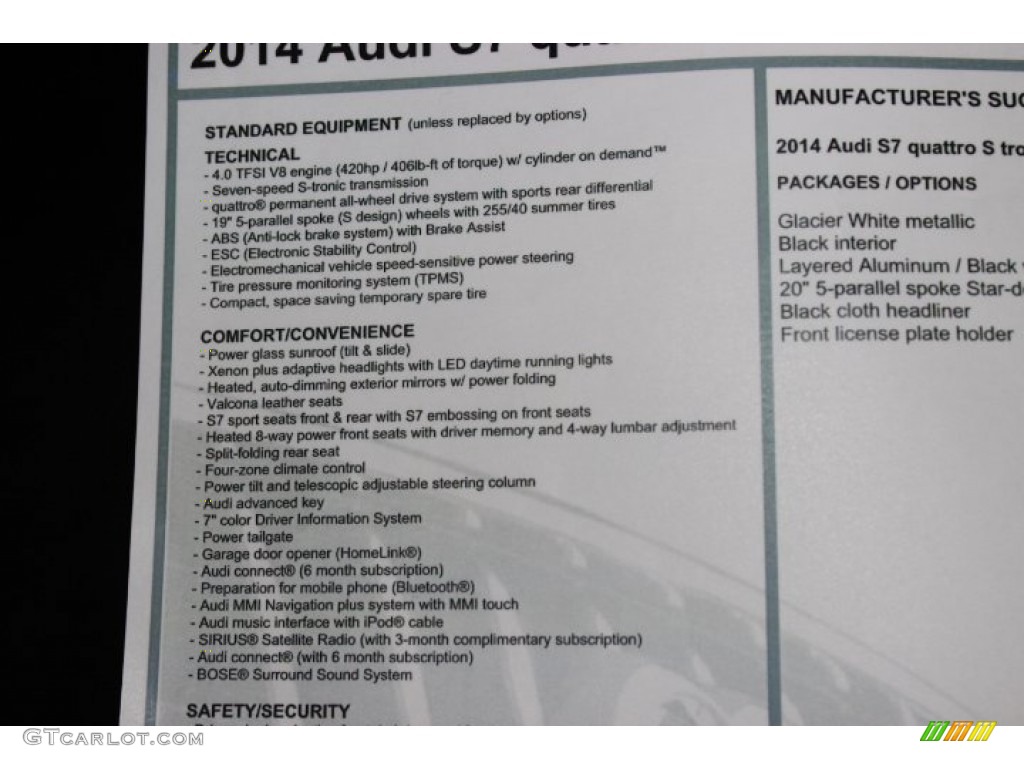 2014 Audi S7 Prestige 4.0 TFSI quattro Window Sticker Photo #88722707