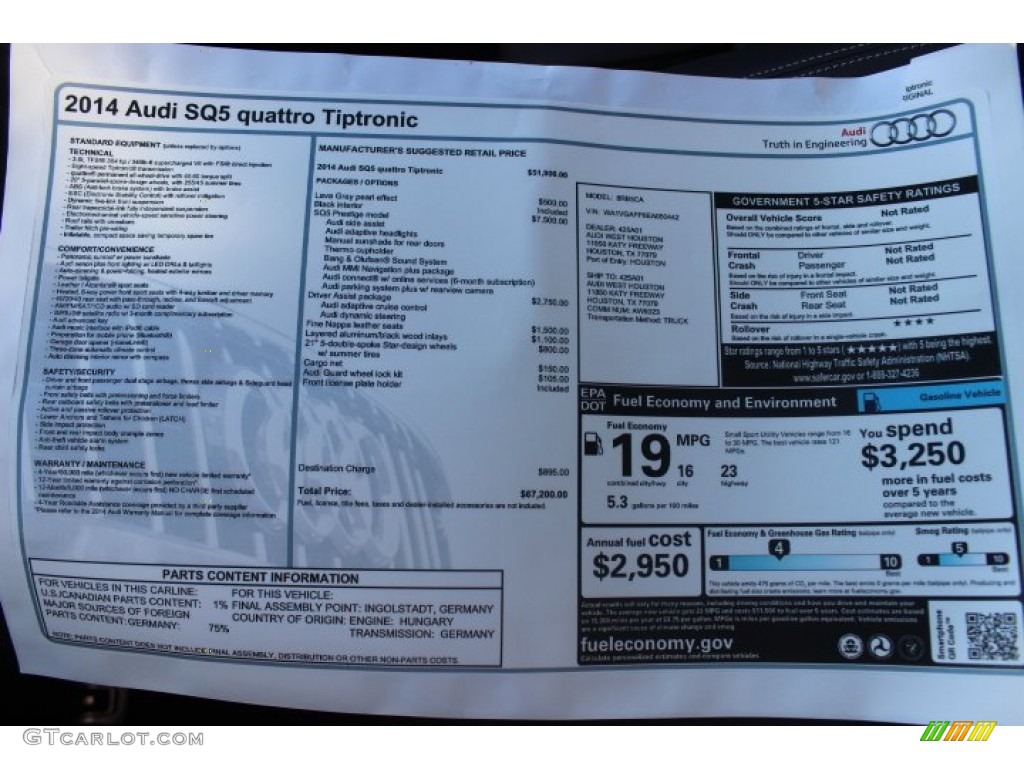 2014 Audi SQ5 Prestige 3.0 TFSI quattro Window Sticker Photo #88723564