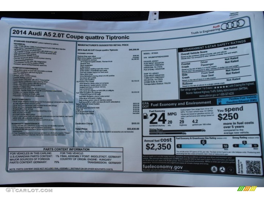 2014 Audi A5 2.0T quattro Coupe Window Sticker Photo #88723903